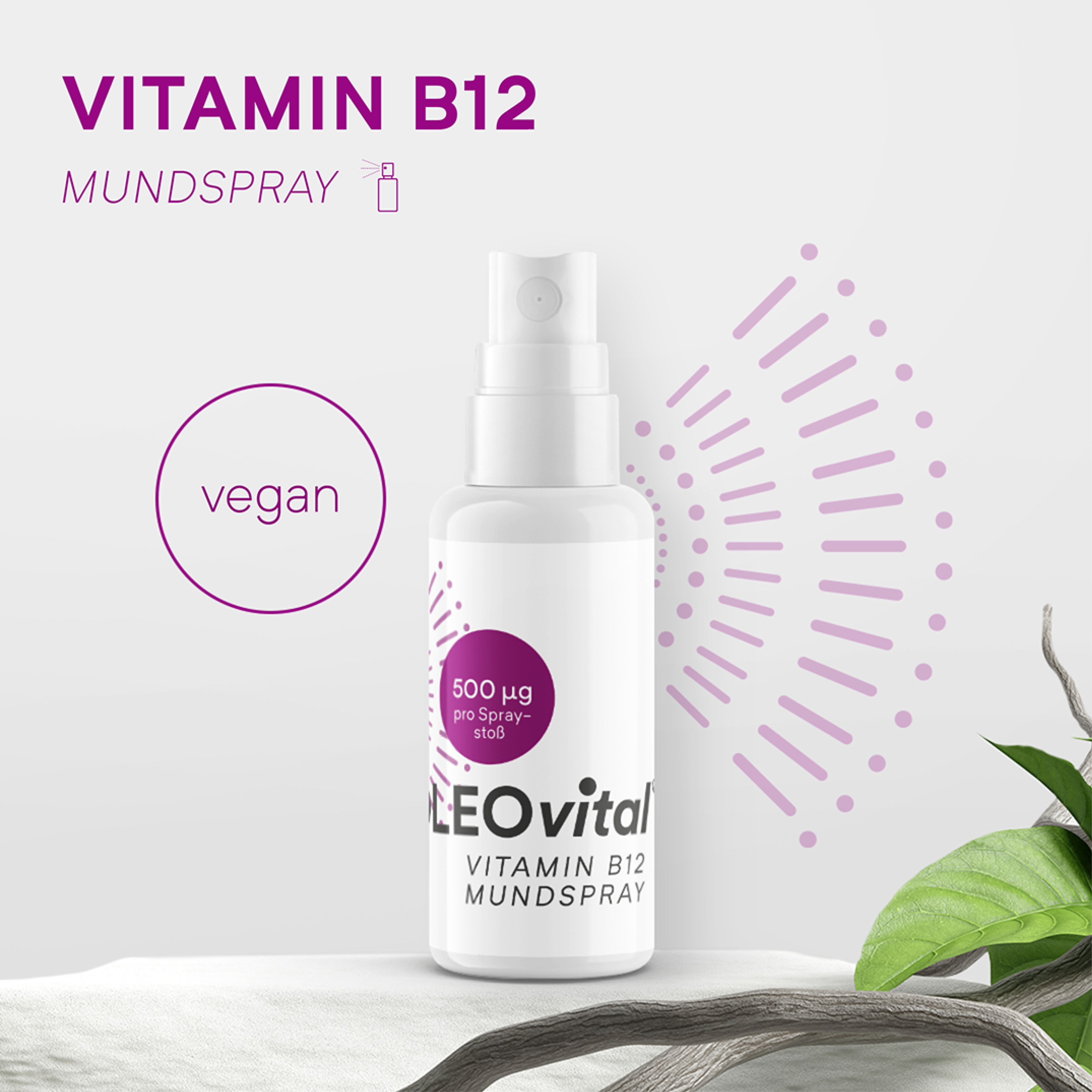Weiße OLEOvital Vitamin B12 Mundspray-Flasche mit veganem Logo. Enthält 500 µg pro Sprühstoß. Auf weißem Podest.