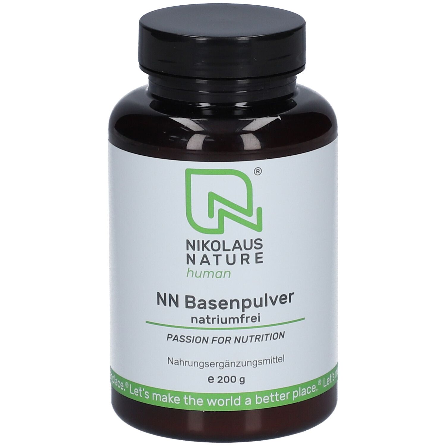 Braune Dose mit schwarzem Deckel. Etikett mit grünem Logo und Text: NN Basenpulver natriumfrei. Nahrungsergänzungsmittel.
