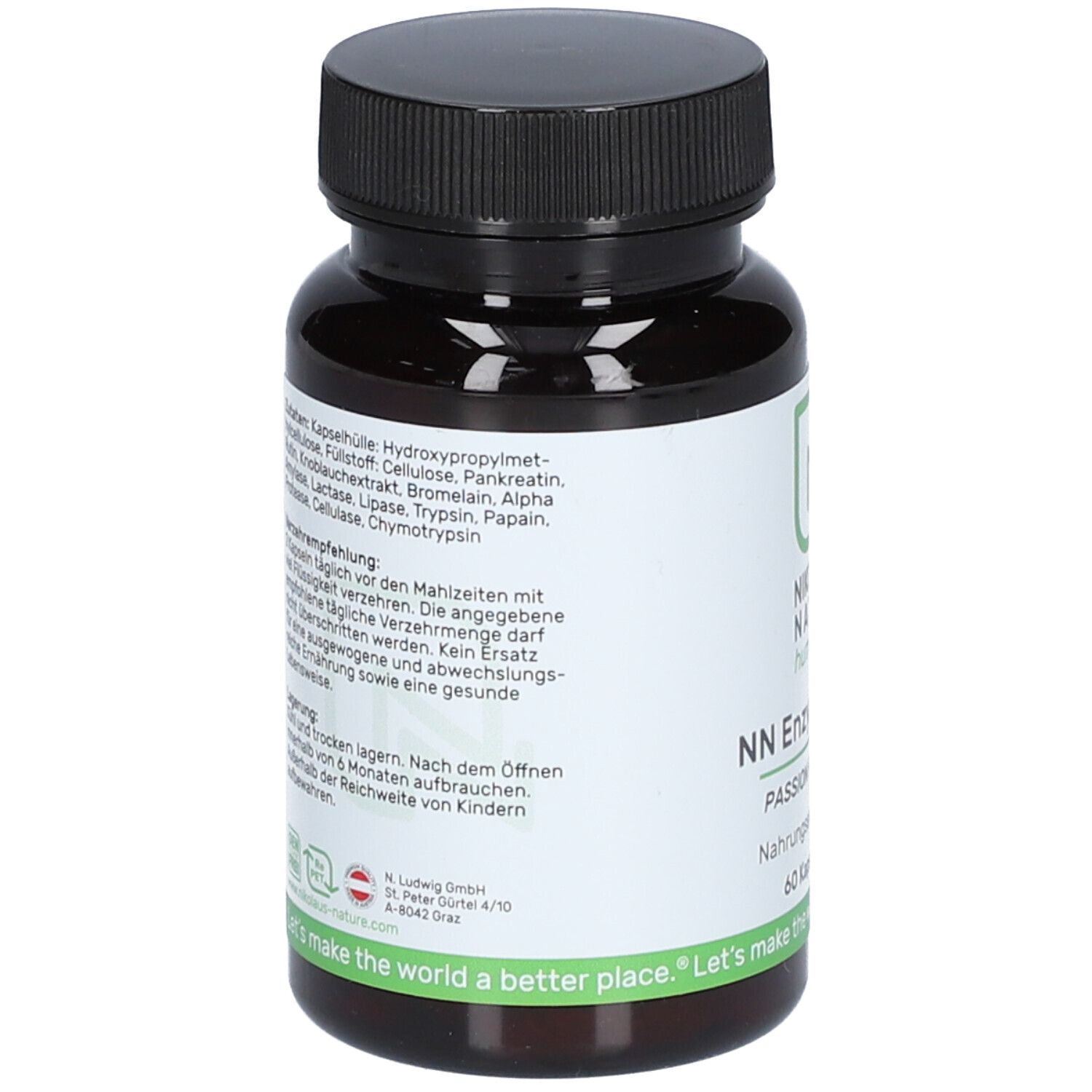 Rückseite der Kapsel-Dose. Text mit Inhaltsstoffen und Anwendungshinweisen. Schwarzer Deckel.