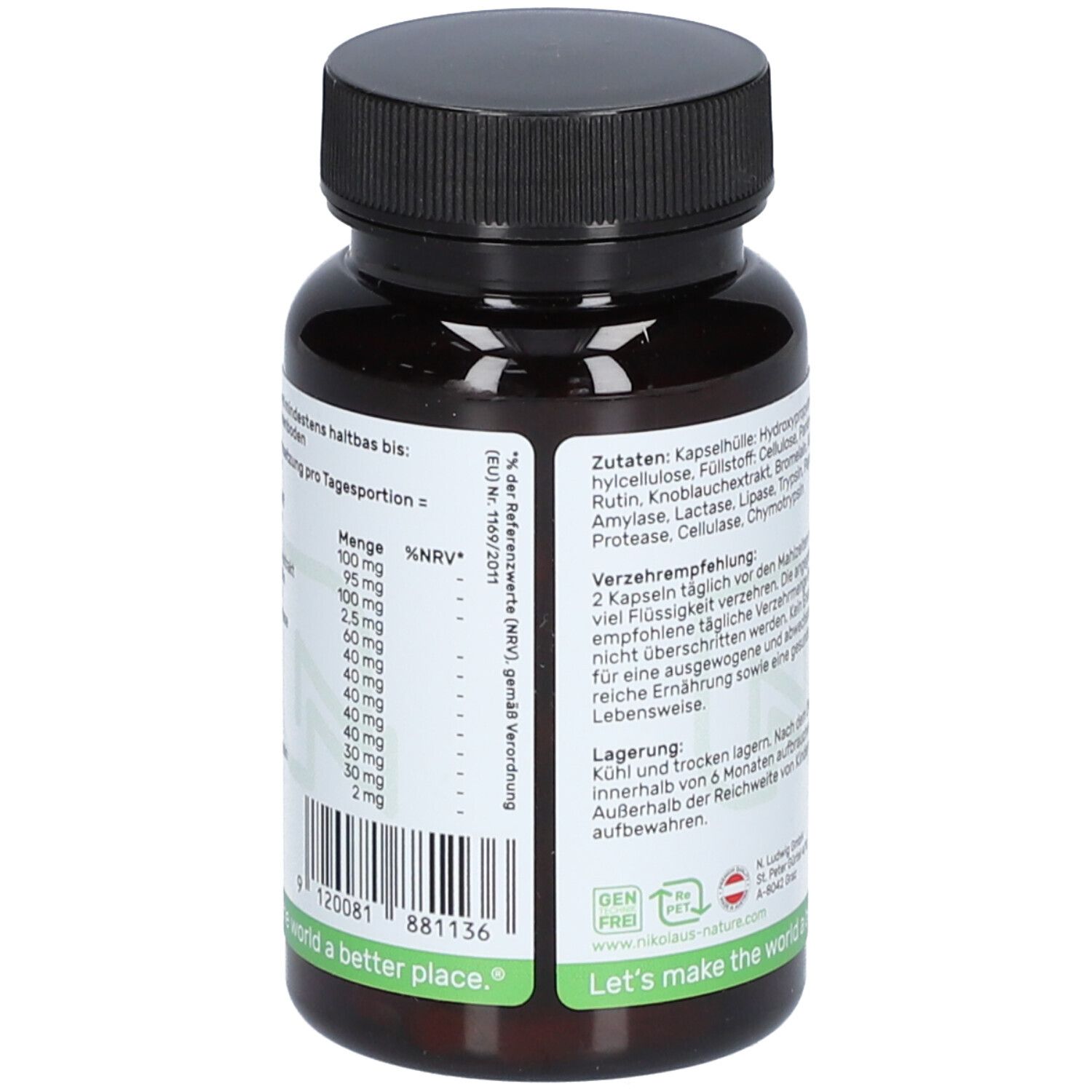 Rückseite der Kapsel-Dose. Text mit Inhaltsstoffen und Nährwertangaben. Schwarzer Deckel.