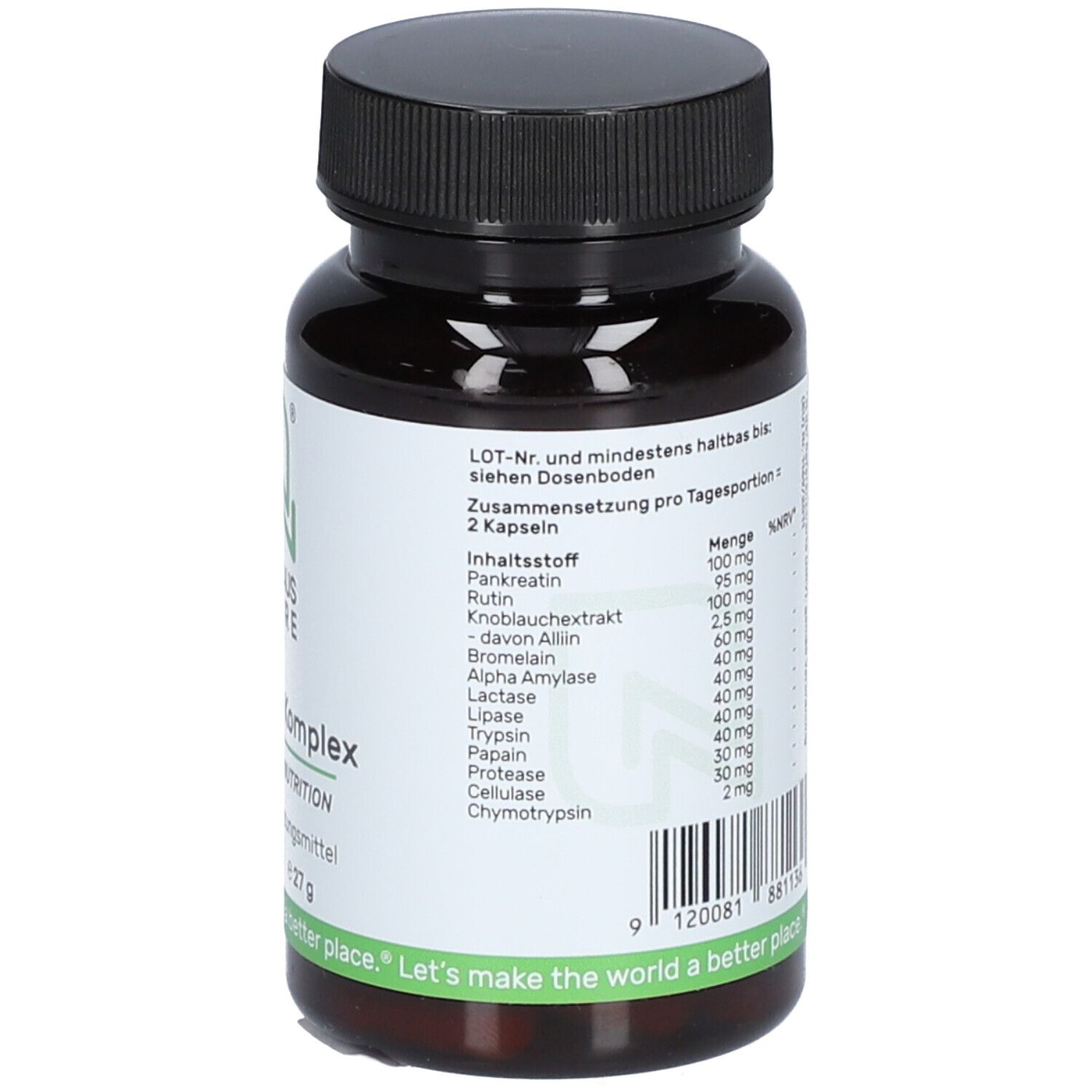 Rückseite der Kapsel-Dose. Text mit Inhaltsstoffen und Nährwertangaben. Schwarzer Deckel.