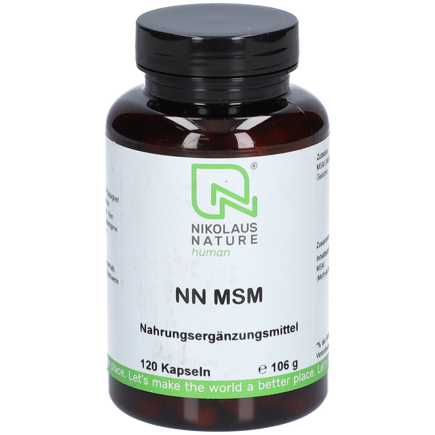Braune Flasche mit schwarzen Deckel. Aufschrift: NN MSM, Nahrungsergänzungsmittel, 120 Kapseln, e 106 g.