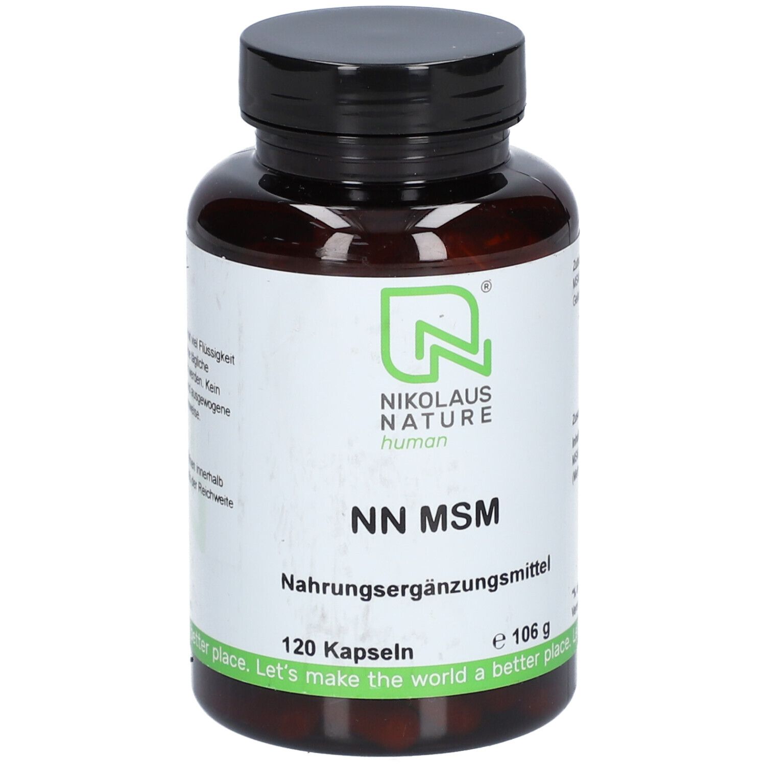 Braune Flasche mit schwarzen Deckel. Aufschrift: NN MSM, Nahrungsergänzungsmittel, 120 Kapseln, e 106 g.
