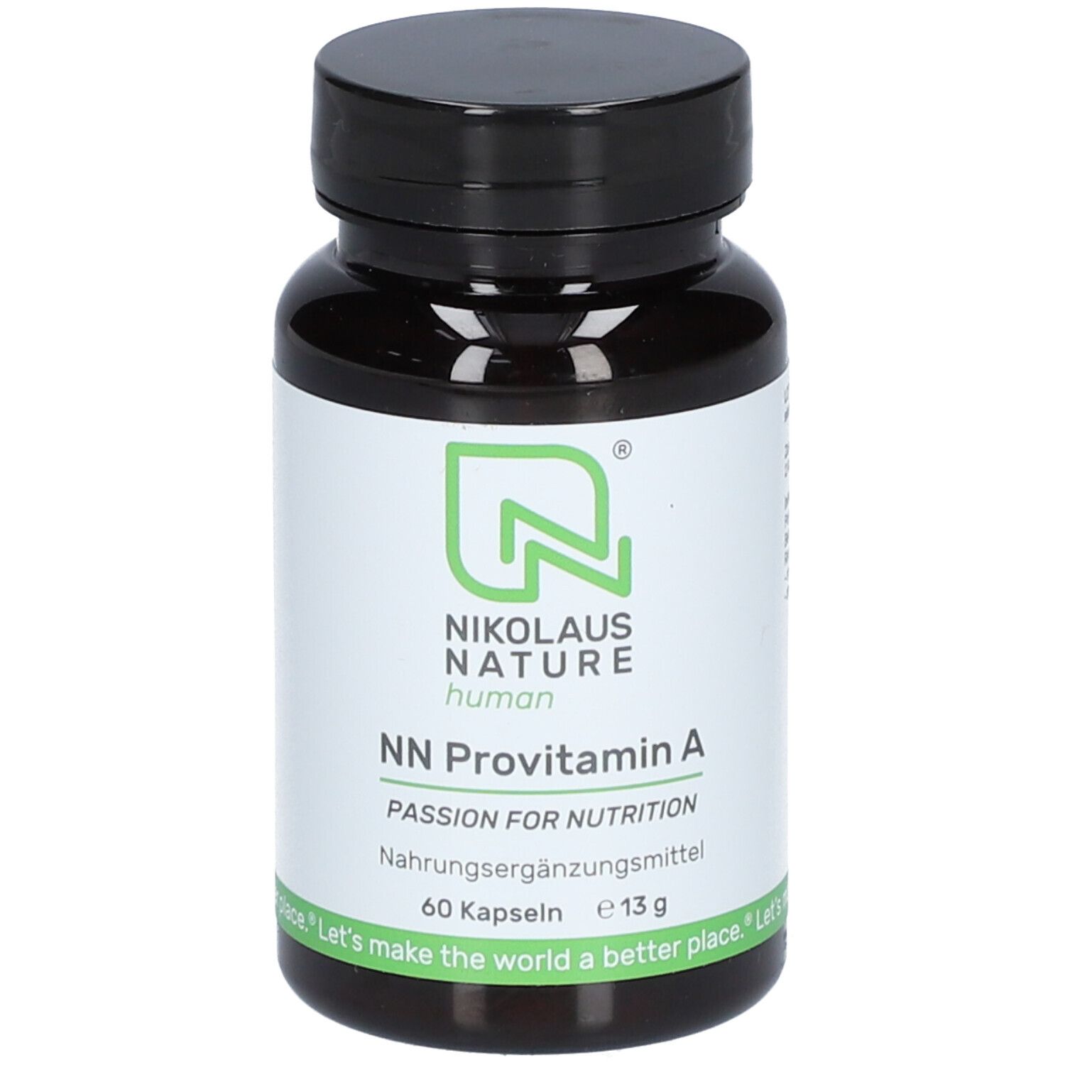 Braune Kapsel-Dose mit schwarzem Deckel. Aufschrift: NN Provitamin A, 60 Kapseln, 13g. Logo: Nikolaus Nature.