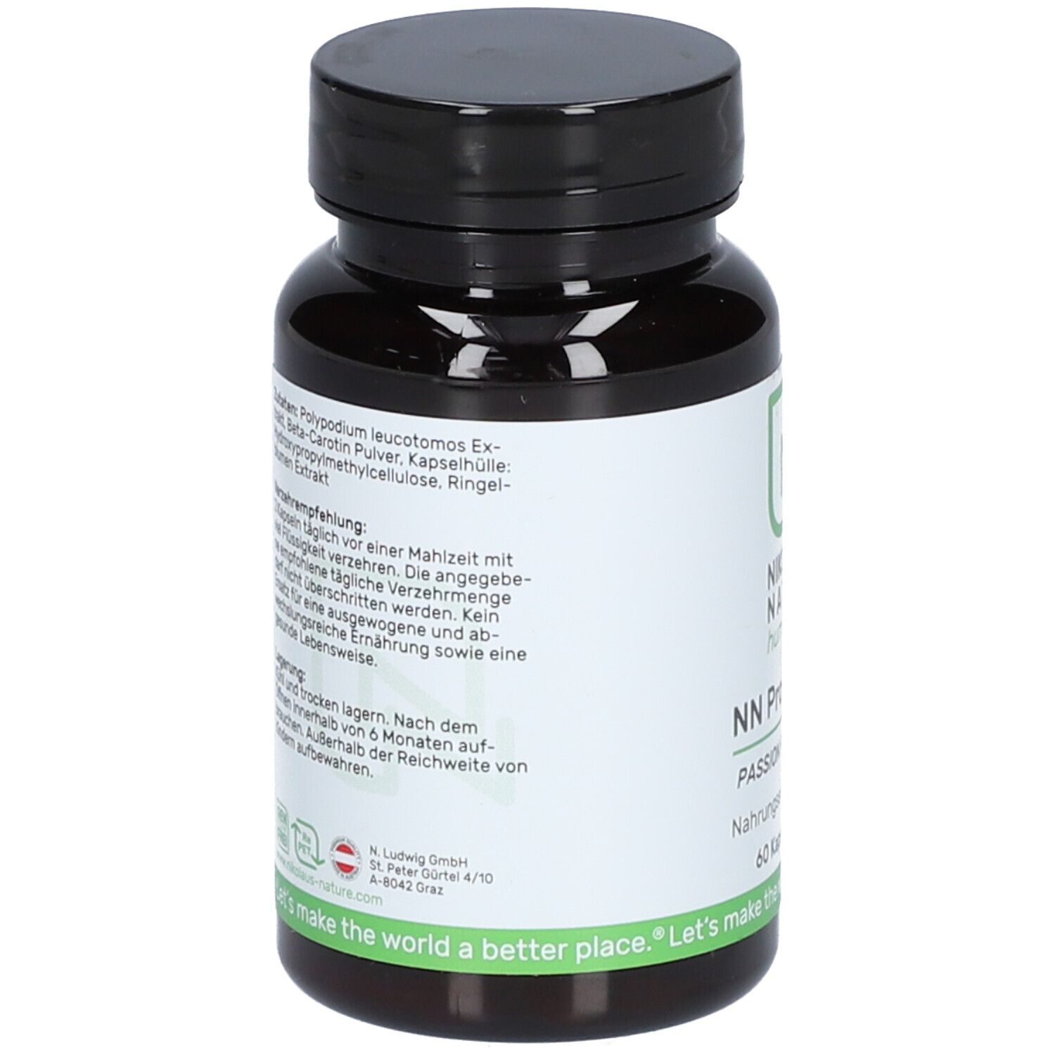 Rückseite der braunen Kapsel-Dose. Text: Inhaltsstoffe, Verzehrempfehlung, Lagerung. Logo: Nikolaus Nature.