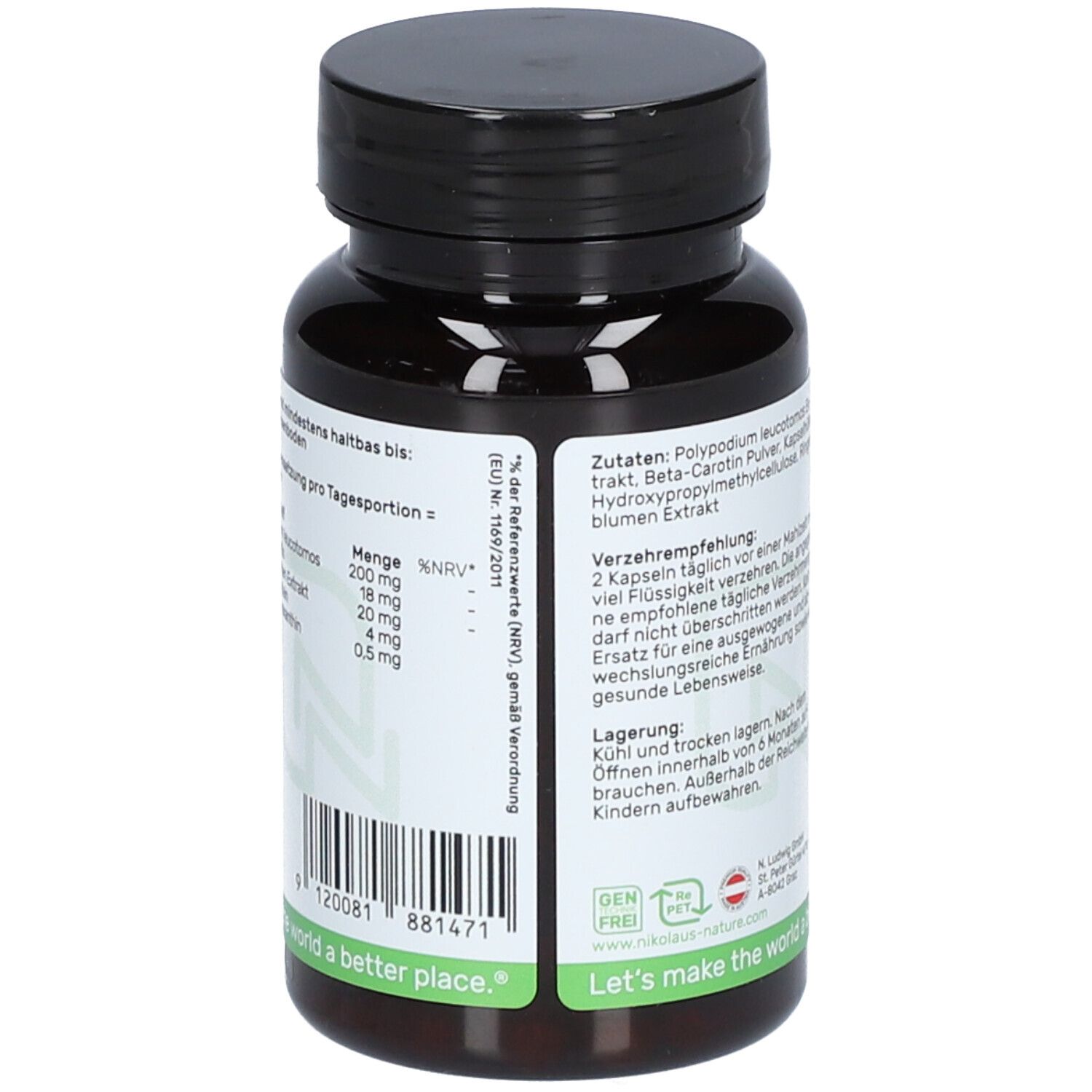 Rückseite der braunen Kapsel-Dose. Text: Inhaltsstoffe, Nährwertangaben. Logo: Nikolaus Nature.