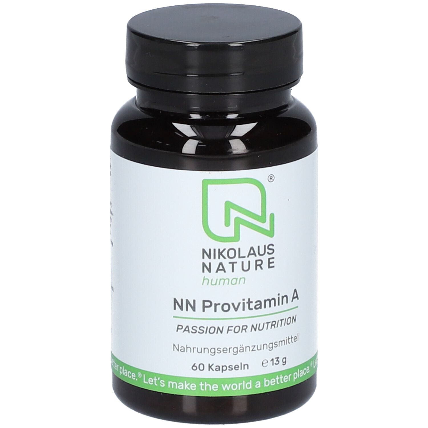 Braune Kapsel-Dose mit schwarzem Deckel. Aufschrift: NN Provitamin A, 60 Kapseln, 13g. Logo: Nikolaus Nature.
