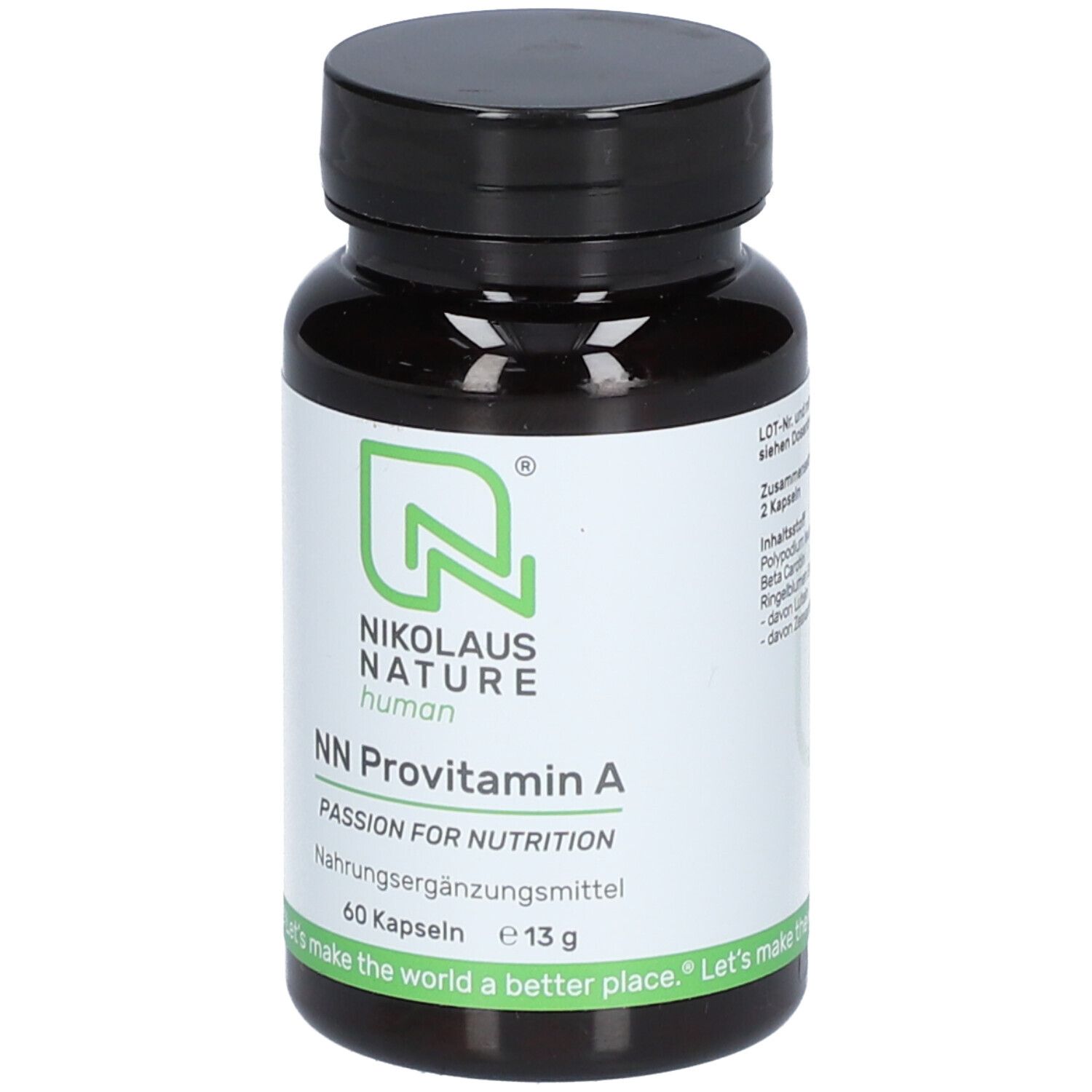 Braune Kapsel-Dose mit schwarzem Deckel. Aufschrift: NN Provitamin A, 60 Kapseln, 13g. Logo: Nikolaus Nature.