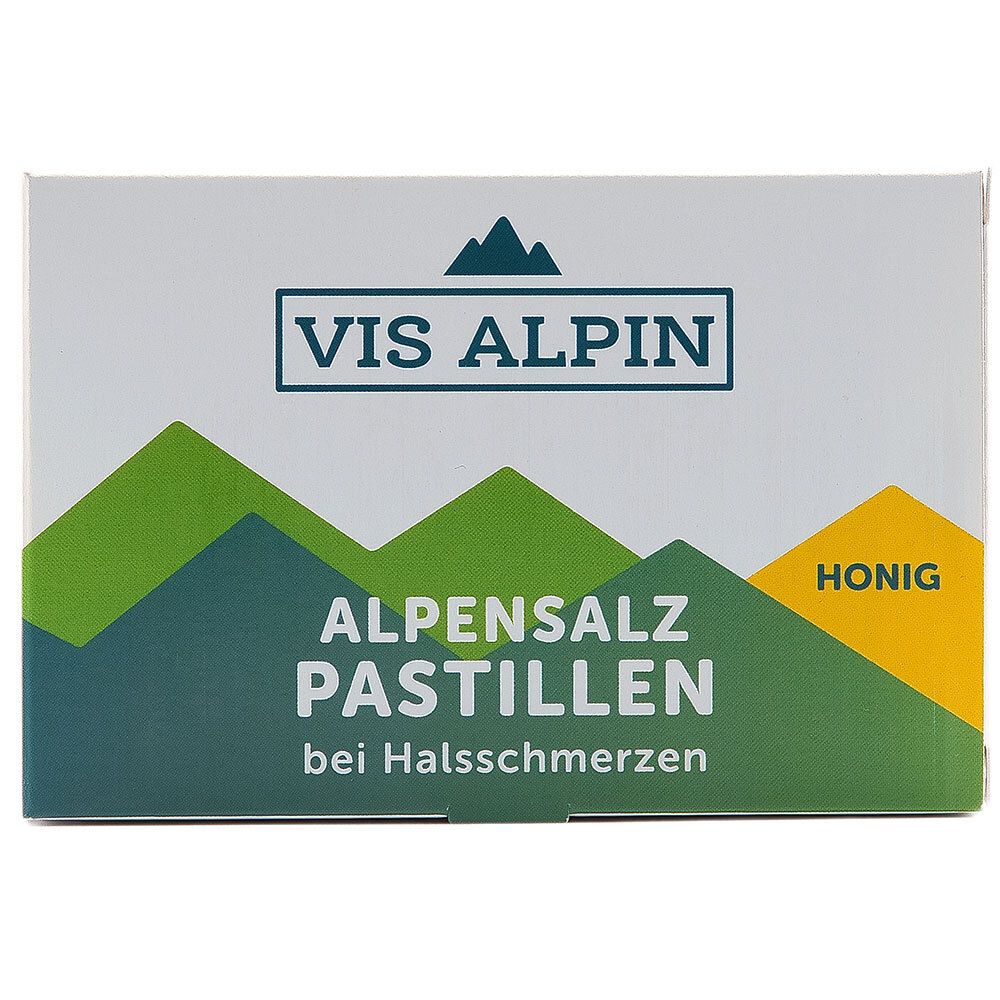 Weißer Karton mit VIS ALPIN Logo und Text: ALPENSALZ PASTILLEN bei Halsschmerzen. Honig-Hinweis.