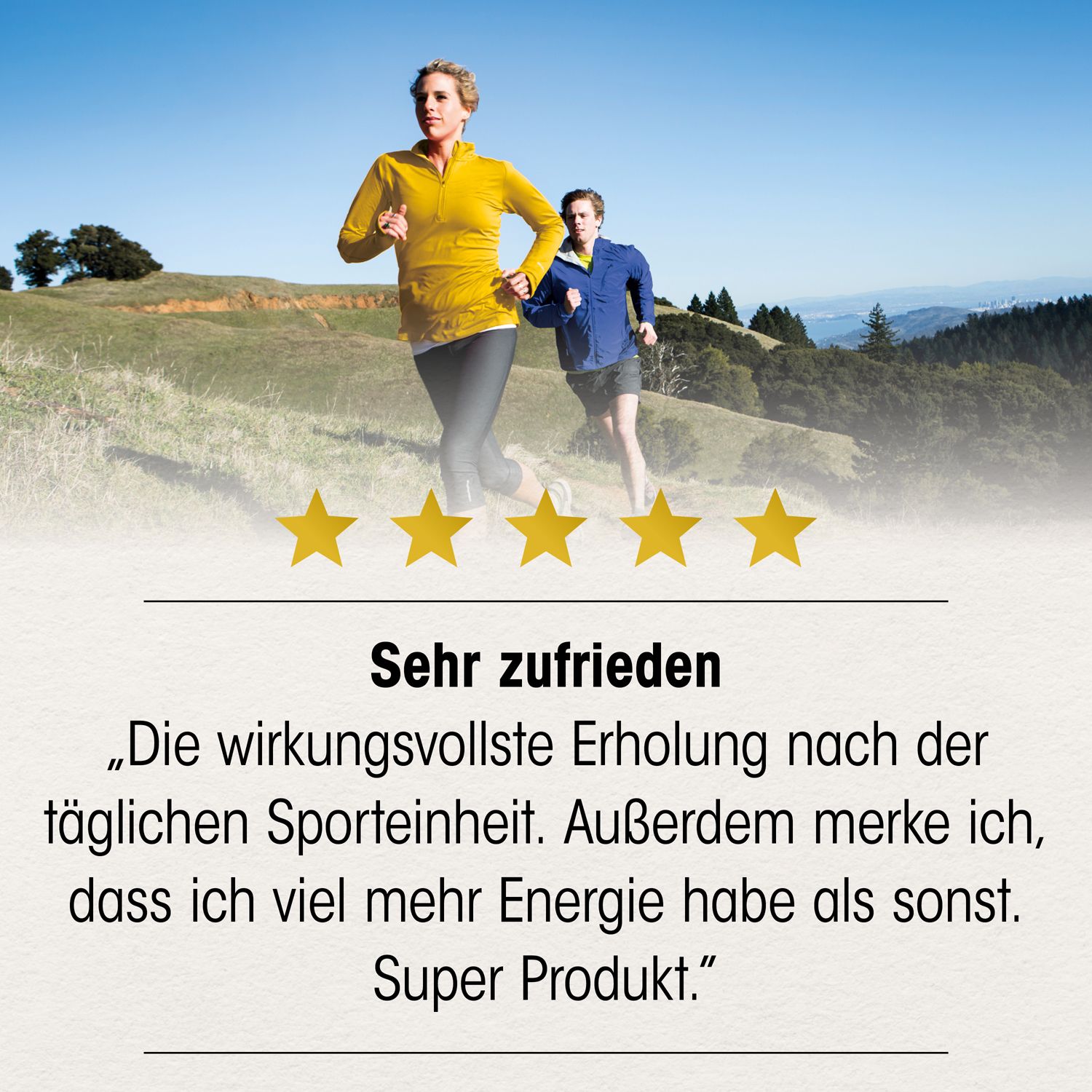 Frau und Mann laufen. 5 Sterne. Zitat: Sehr zufrieden. Super Produkt.