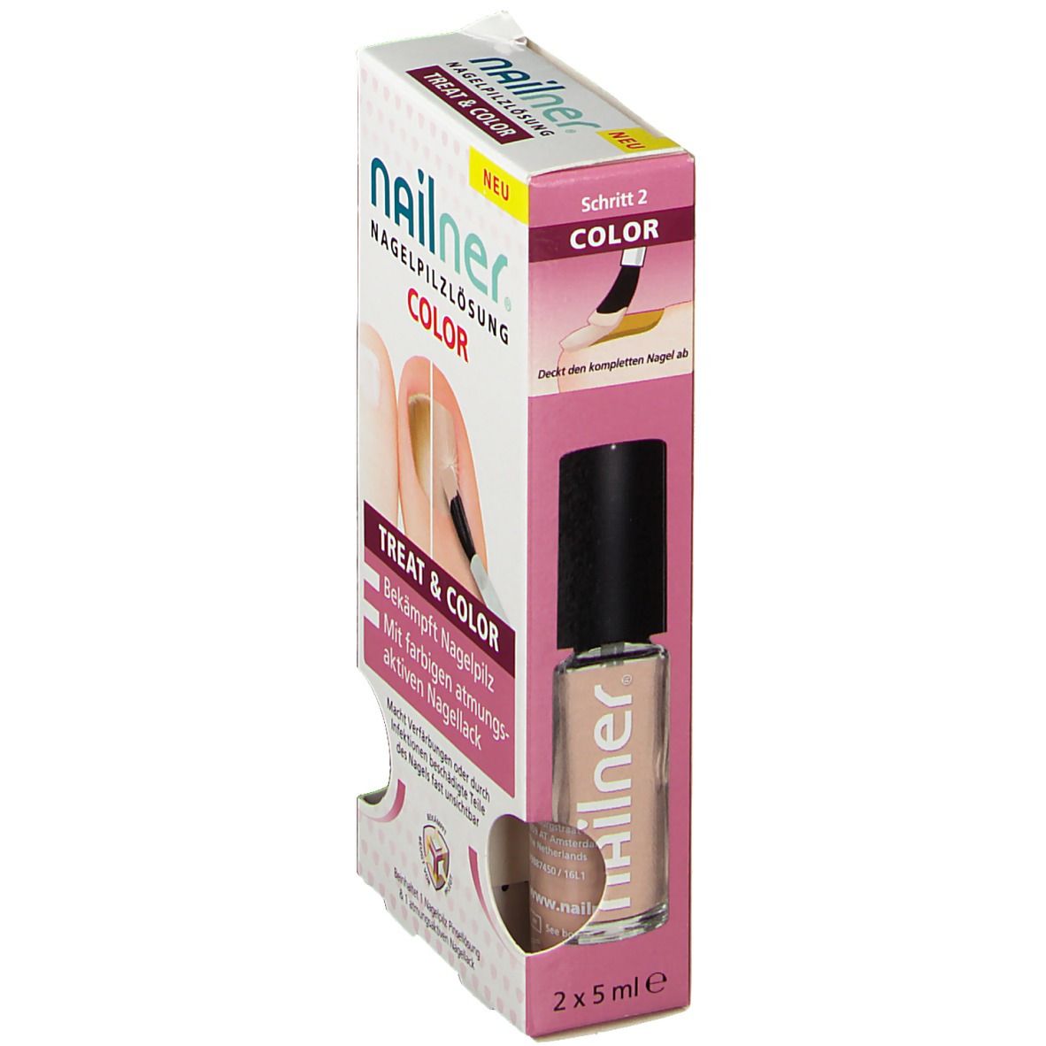 Verpackung von nailner® Nagellösung Color. Enthält eine Flasche mit Nagellack. Text: Schritt 2 Color.