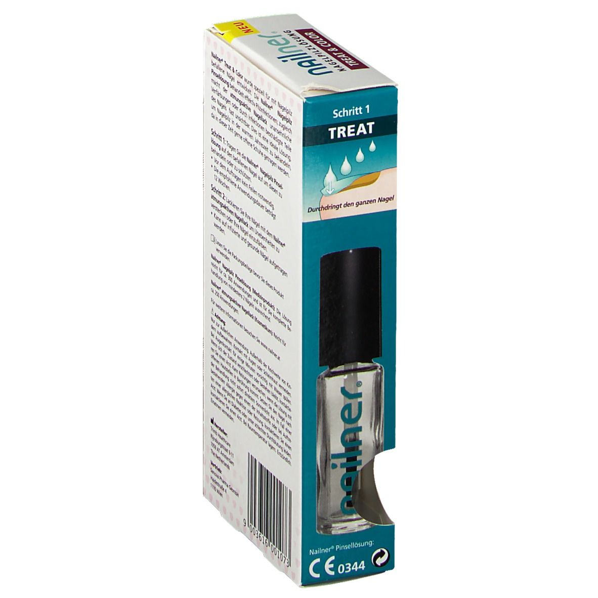 Verpackung von nailner® Nagellösung. Enthält eine Flasche mit Applikator. Text: Schritt 1 Treat.