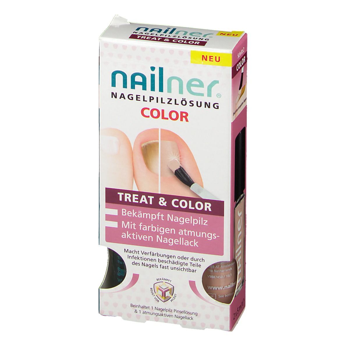 Verpackung von nailner® Nagellösung Color. Text: Bekämpft Nagelpilz. Mit farbigen atmungsaktiven Nagellack.