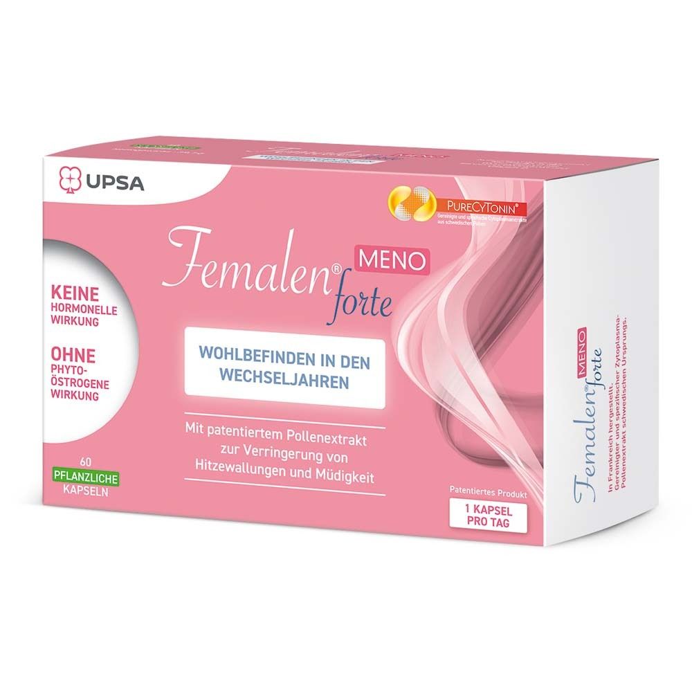 Rosa Schachtel mit Femalen® forte MENO. Text: Wohlbefinden in den Wechseljahren. 40 Kapseln. Ohne Hormone, ohne Phytoöstrogene.