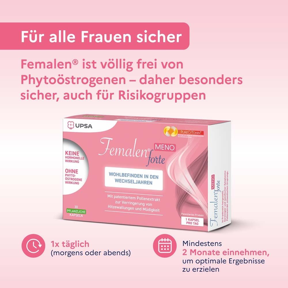 Femalen® forte MENO Packung. Text: Für alle Frauen sicher. 1x täglich, mindestens 2 Monate einnehmen. Ohne Hormone, ohne Phytoöstrogene.
