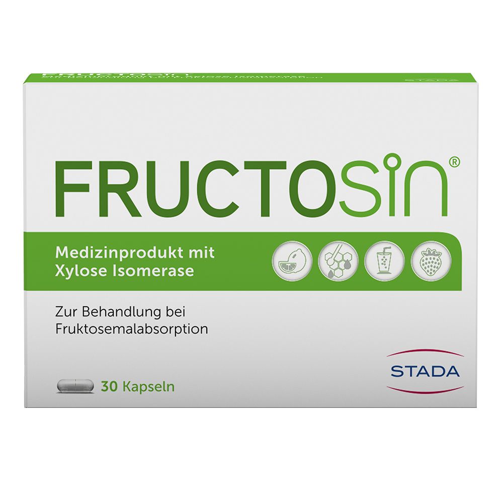 Schachtel FRUCTOSIN® Kapseln. Grün-weiße Verpackung mit Produktnamen, Inhaltsangaben und Logo. 30 Kapseln.