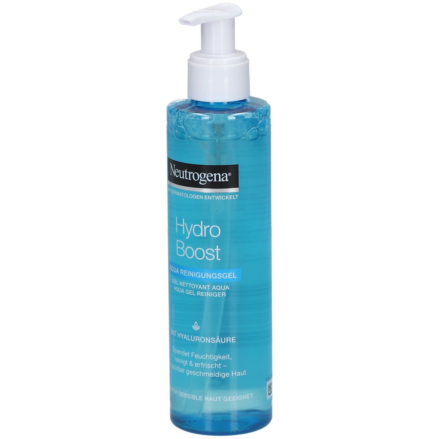 Neutrogena Hydro Boost Aqua Reinigungsgel. Flacon bleu avec pompe blanche. Texte: Hydro Boost, Aqua Reinigungsgel.