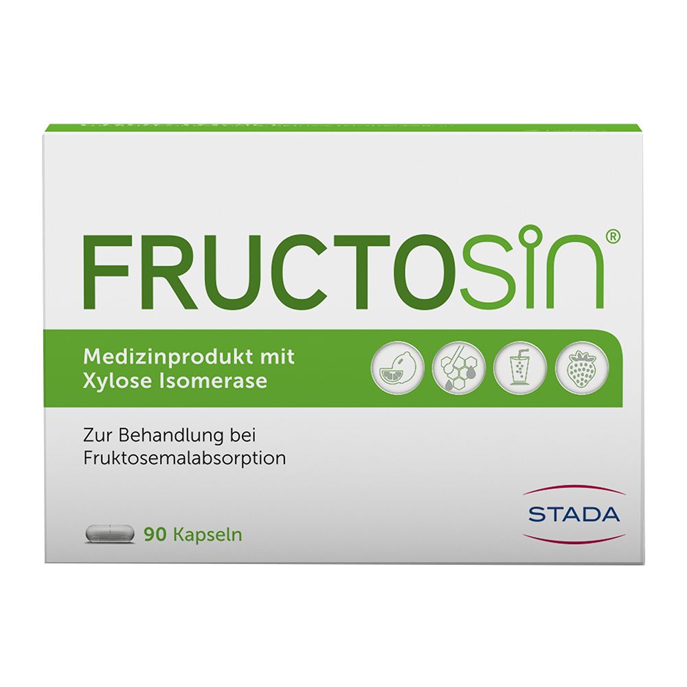 Schachtel mit FRUCTOSIN®. Weiß und grün. Text: Medizinprodukt, Xylose Isomerase, Behandlung bei Fruktosemalabsorption. 90 Kapseln. STADA.