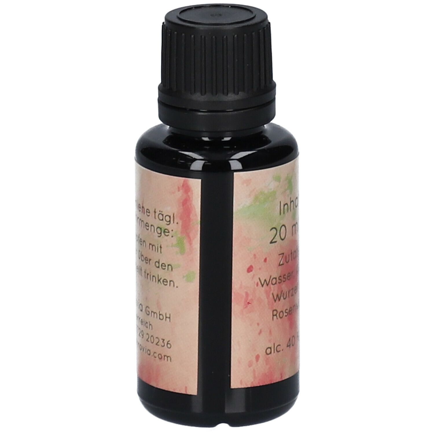 Braune Glasflasche mit schwarzem Deckel. Aufkleber mit Produktinformationen und Inhaltsangaben.