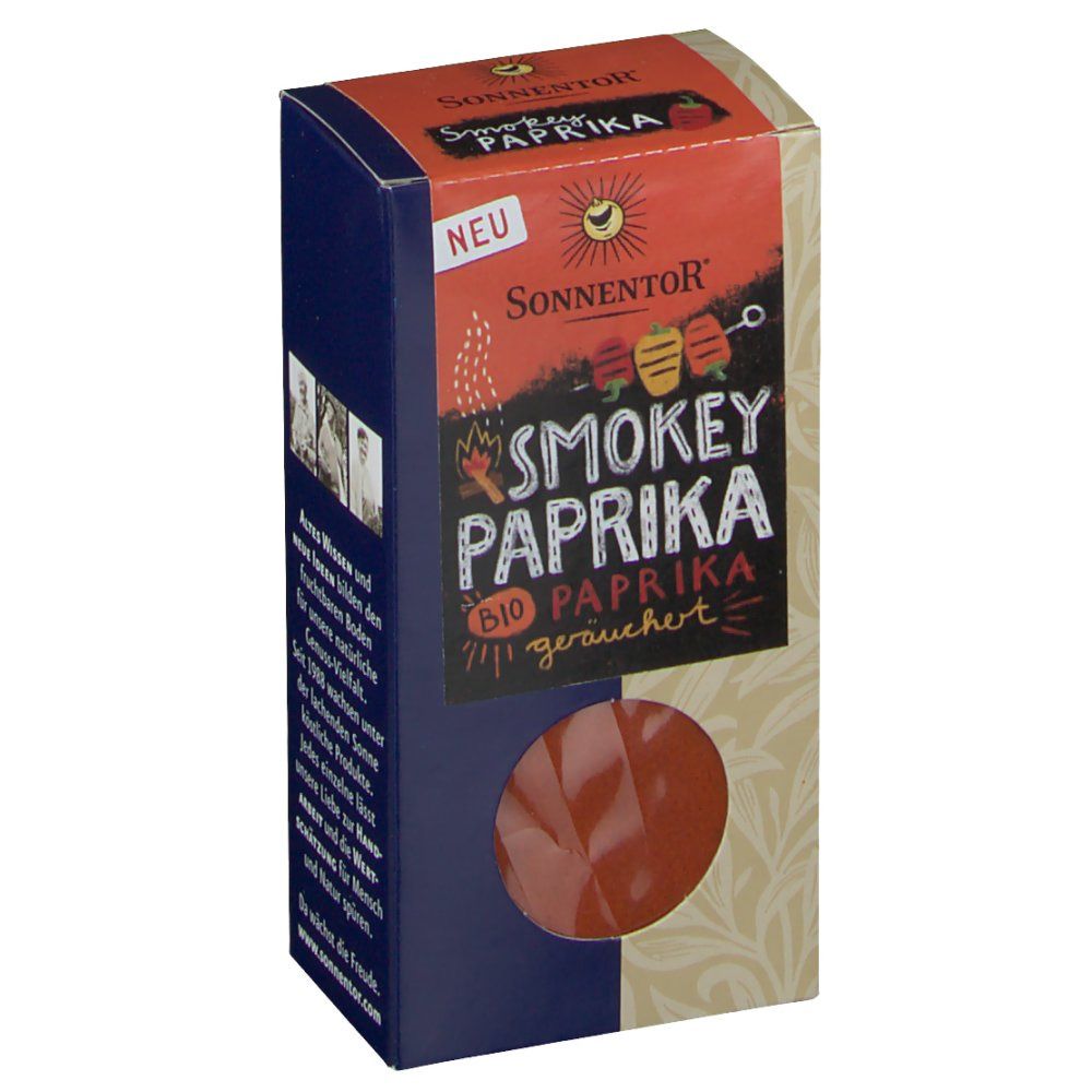 Karton mit SonnentoR Smokey Paprika. Sichtfenster mit Paprika. Aufschrift: Smokey Paprika, Bio, geräuchert. Logo: Sonne.