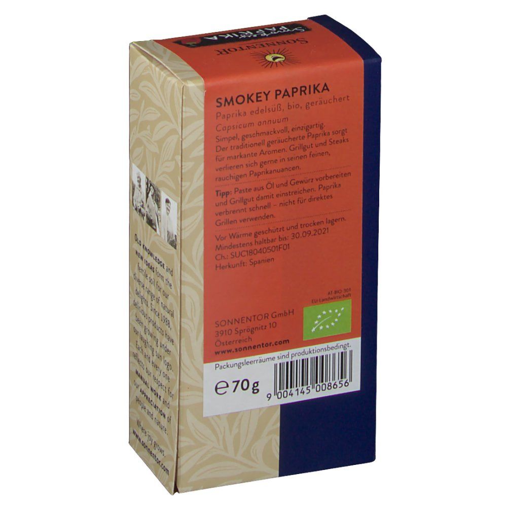 Rückseite der SonnentoR Smokey Paprika Verpackung. Text: Zutaten, Nährwerte, Bio-Siegel, Gewicht 70g, Herstellerinformationen.