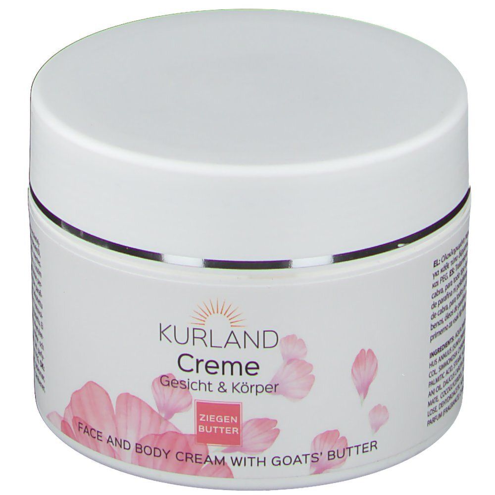 Weißer Tiegel mit Deckel. Aufschrift: KURLAND Creme Gesicht & Körper. Text: Face and Body Cream with Goats' Butter. Rosa Blütenblätter.