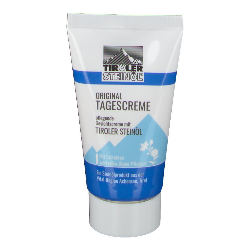 Creme-Tube mit blau-weißem Design. Text: TIROLER STEINÖL, ORIGINAL TAGESCREME, pflegende Gesichtscreme. Mit Alpen-Pflanzen-Extrakten.