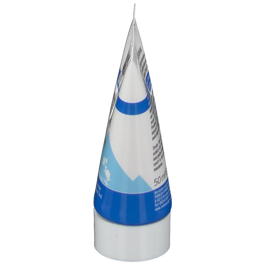 Seitenansicht einer Creme-Tube. Blau-weißes Design. Text: 50ml. Herstellerinformationen.