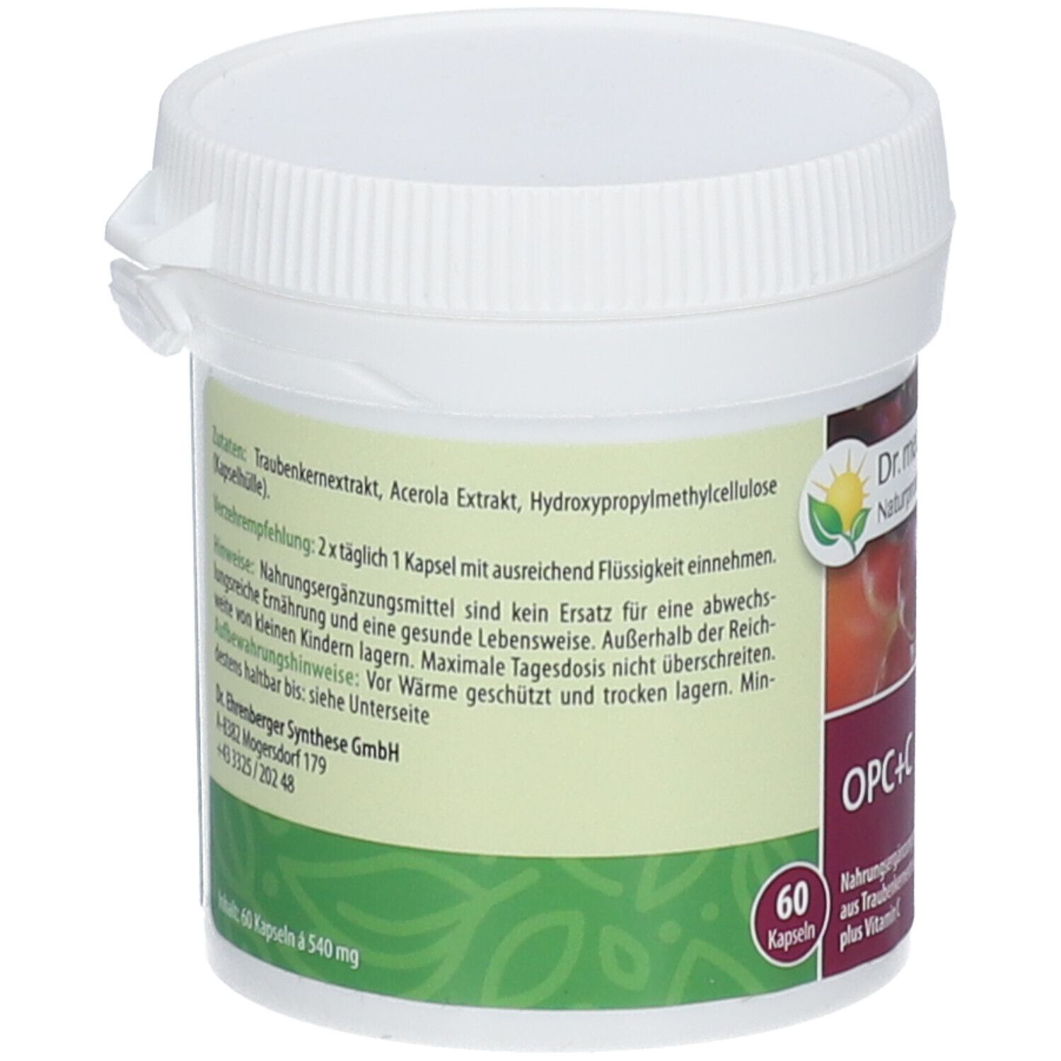 Weißer Behälter mit Deckel. Aufschrift: Dr. med. Ehrenberger Naturprodukte. Text über Inhaltsstoffe und Anwendung.