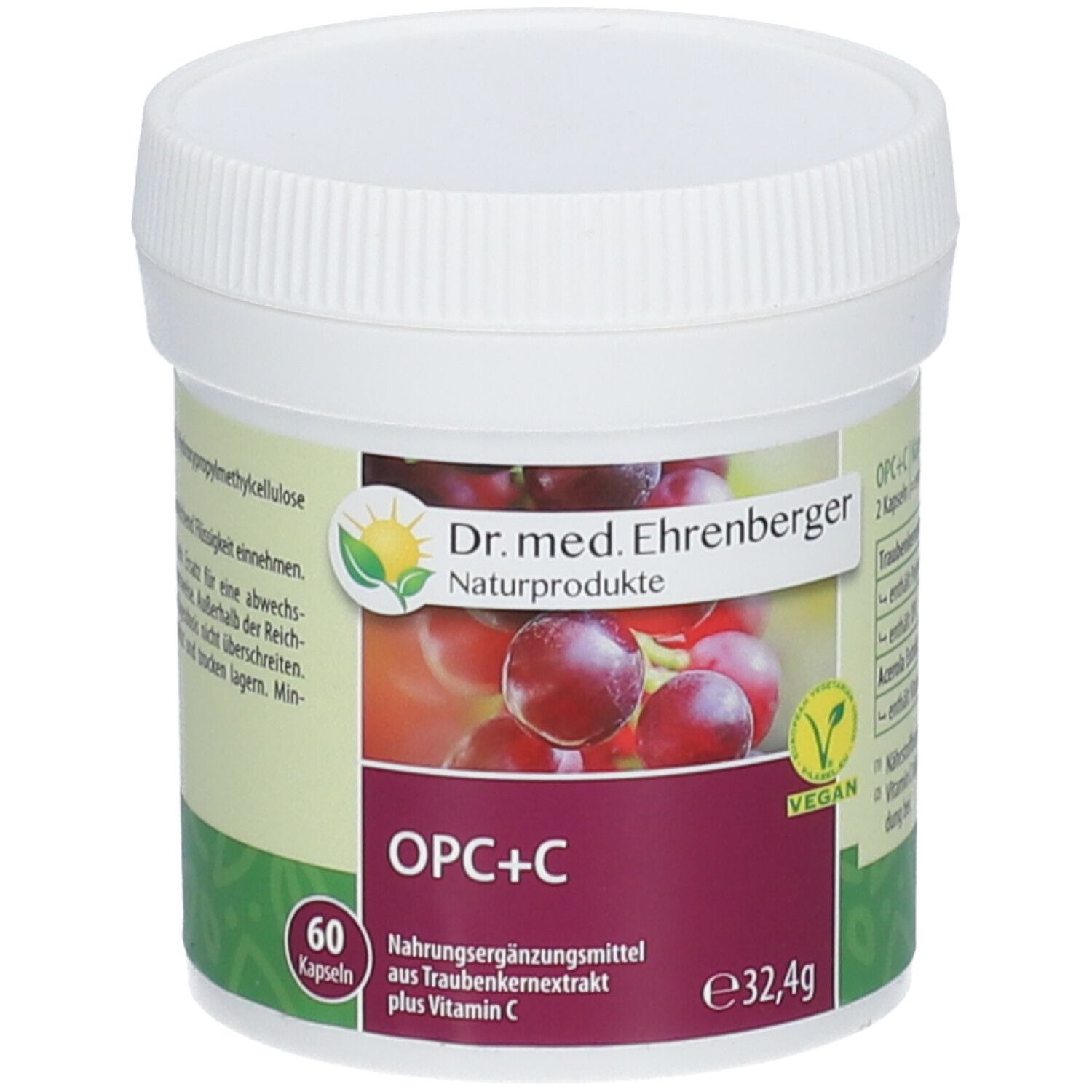 Weißer Behälter mit Deckel. Aufschrift: Dr. med. Ehrenberger Naturprodukte, OPC+C, 60 Kapseln, vegan.