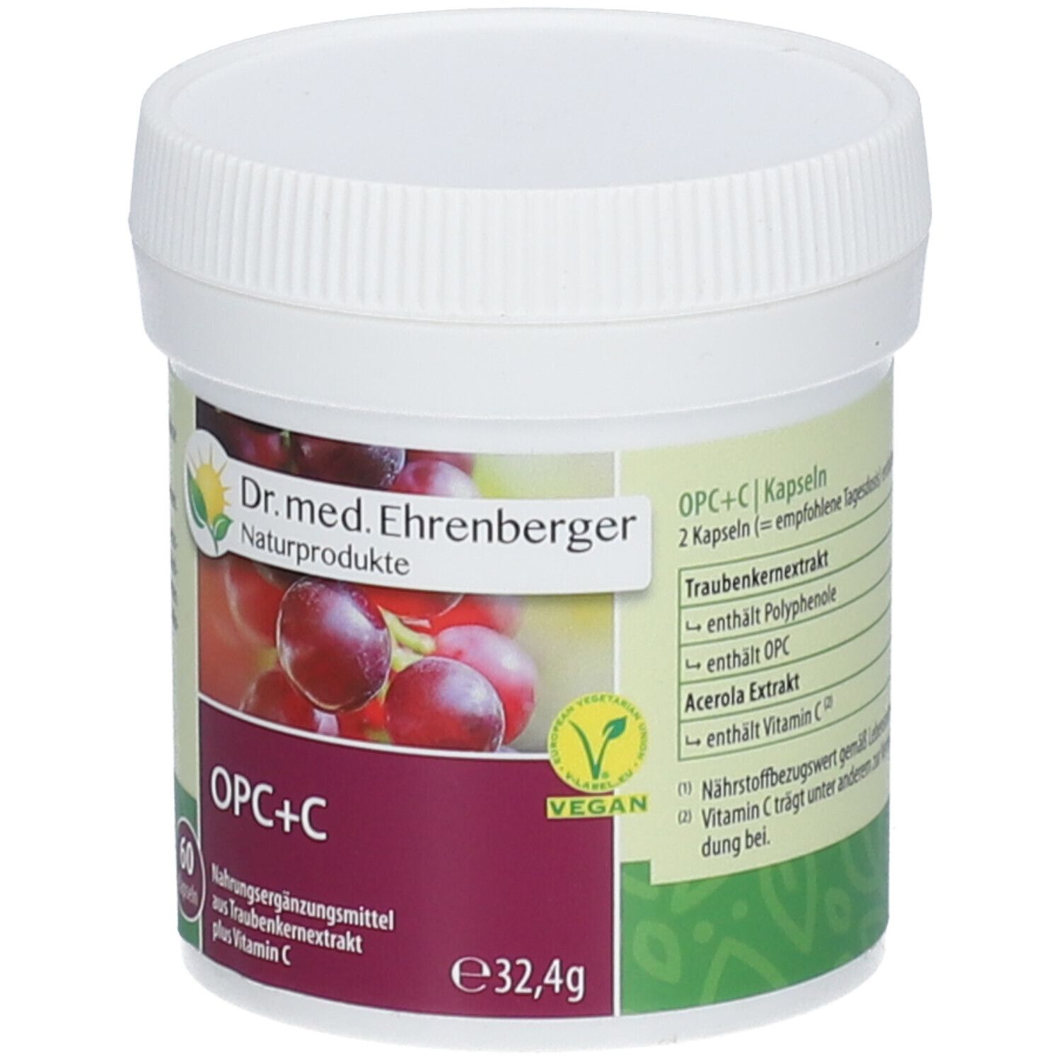 Weißer Behälter mit Deckel. Aufschrift: Dr. med. Ehrenberger Naturprodukte, OPC+C, 60 Kapseln, vegan. Inhaltsangaben.