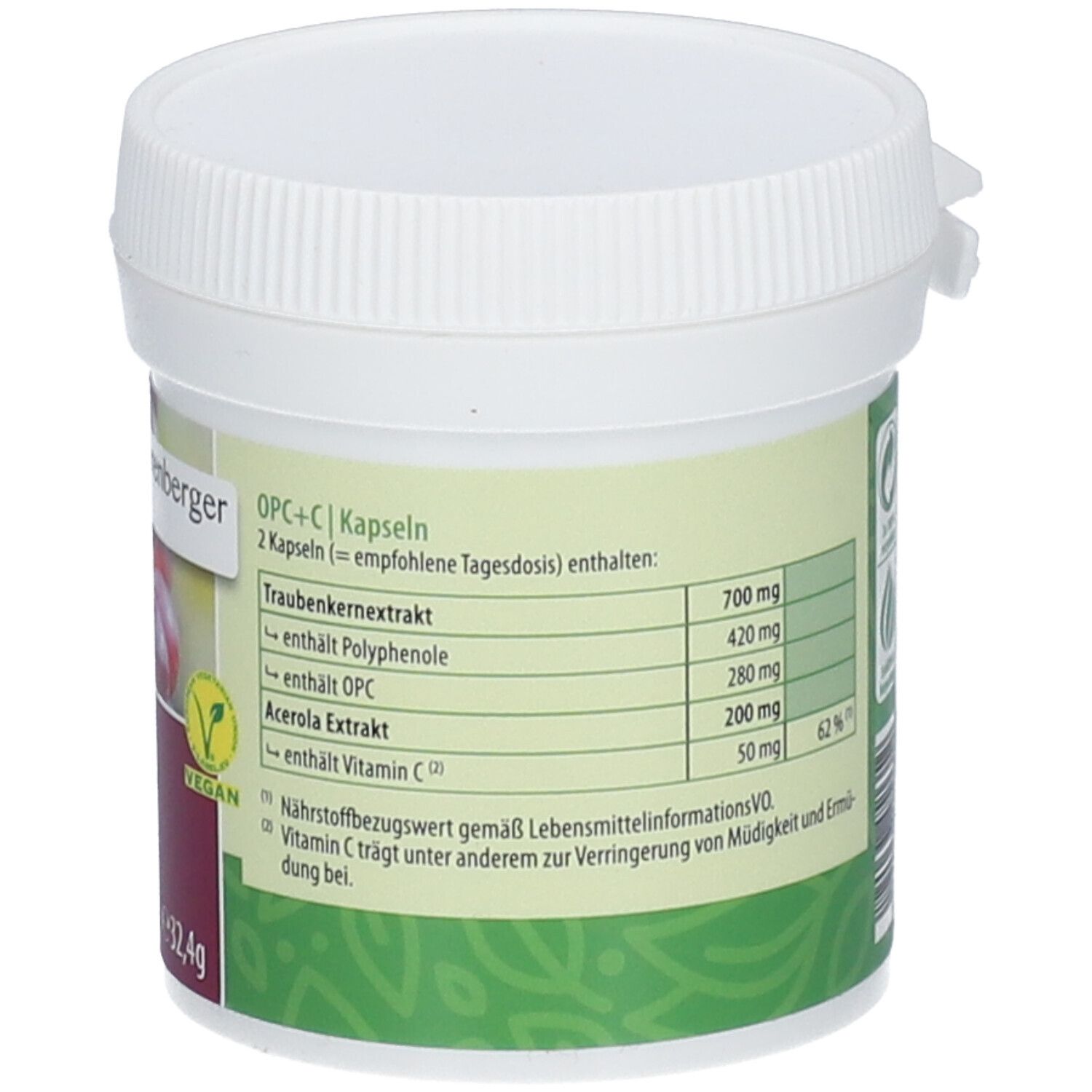 Weißer Behälter mit Deckel. Aufschrift: Dr. med. Ehrenberger Naturprodukte, OPC+C, 60 Kapseln, vegan. Nährwertangaben.