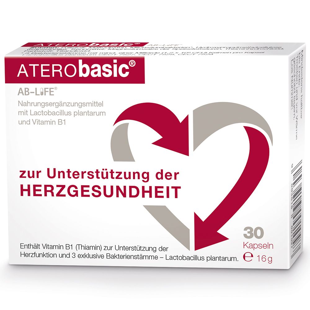 Weißer Karton mit roter und grauer Grafik. Enthält 30 Kapseln. Aufschrift: ATERObasic®, AB-LIFE, zur Unterstützung der Herzgesundheit.