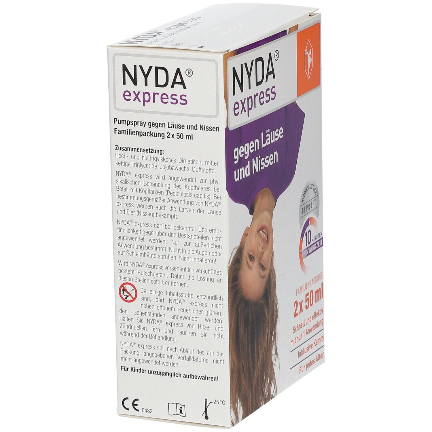 Schachtel NYDA® express. Aufdruck: gegen Läuse und Nissen, 2x50 ml. Produktinformationen und Anwendungshinweise auf der Verpackung.