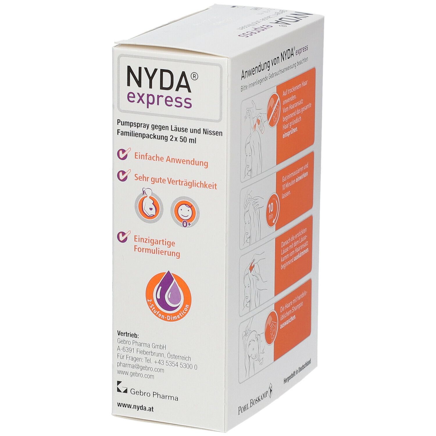 Seite der NYDA® express Verpackung. Aufdruck: Pumpspray gegen Läuse und Nissen, 2x50 ml. Informationen zur Anwendung und Verträglichkeit.