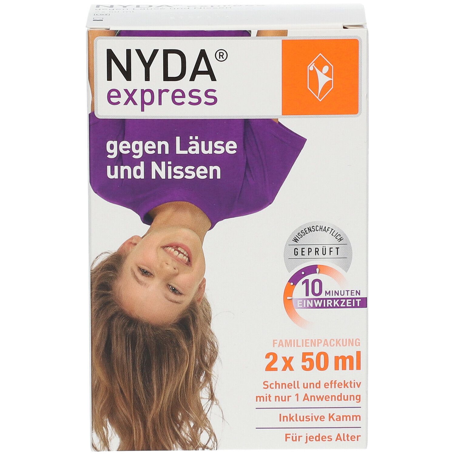 Vorderseite der NYDA® express Verpackung. Aufdruck: gegen Läuse und Nissen, 2x50 ml. Enthält Kamm. Für jedes Alter.
