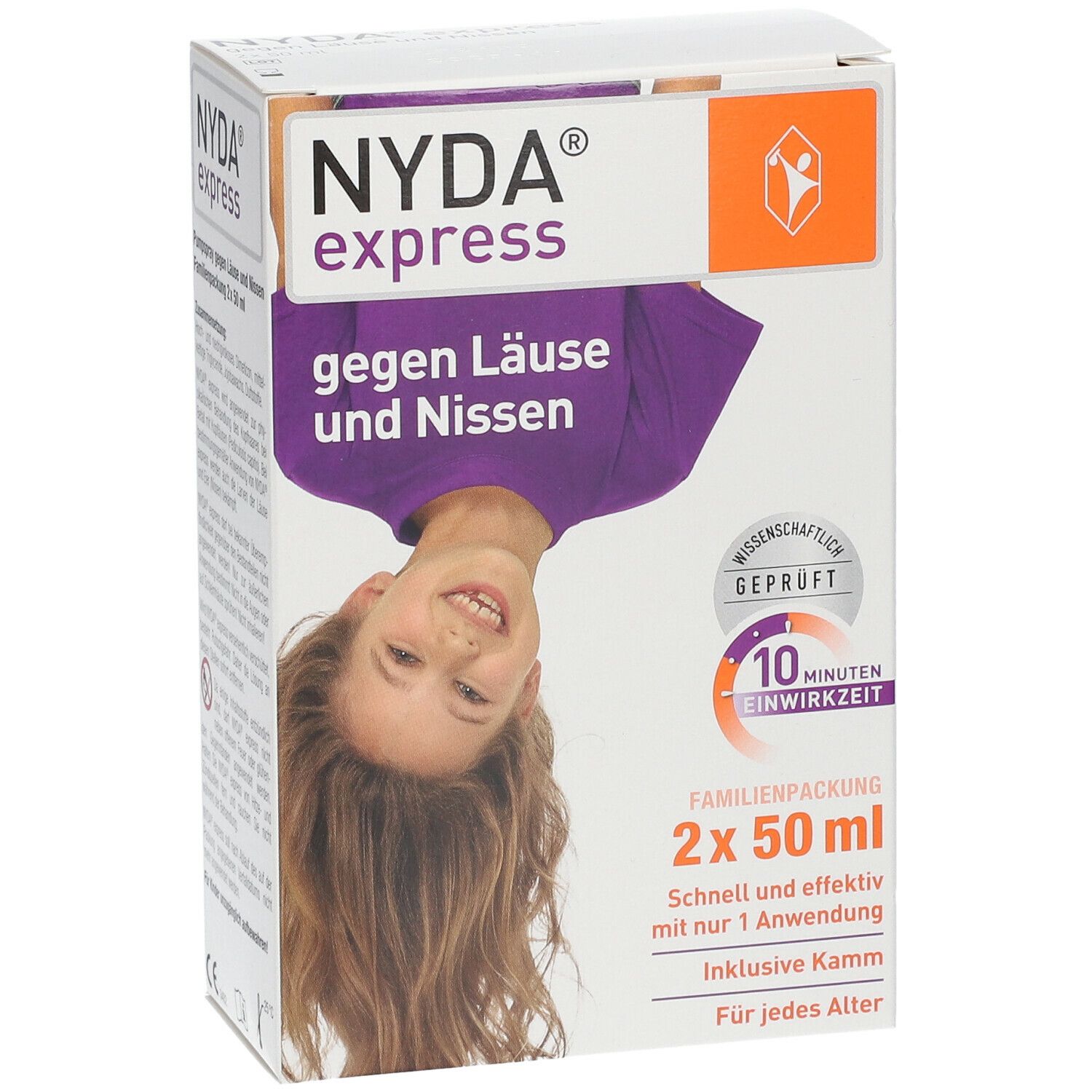 Schachtel NYDA® express. Aufdruck: gegen Läuse und Nissen, 2x50 ml. Enthält Kamm. Für jedes Alter. Wissenschaftlich geprüft.