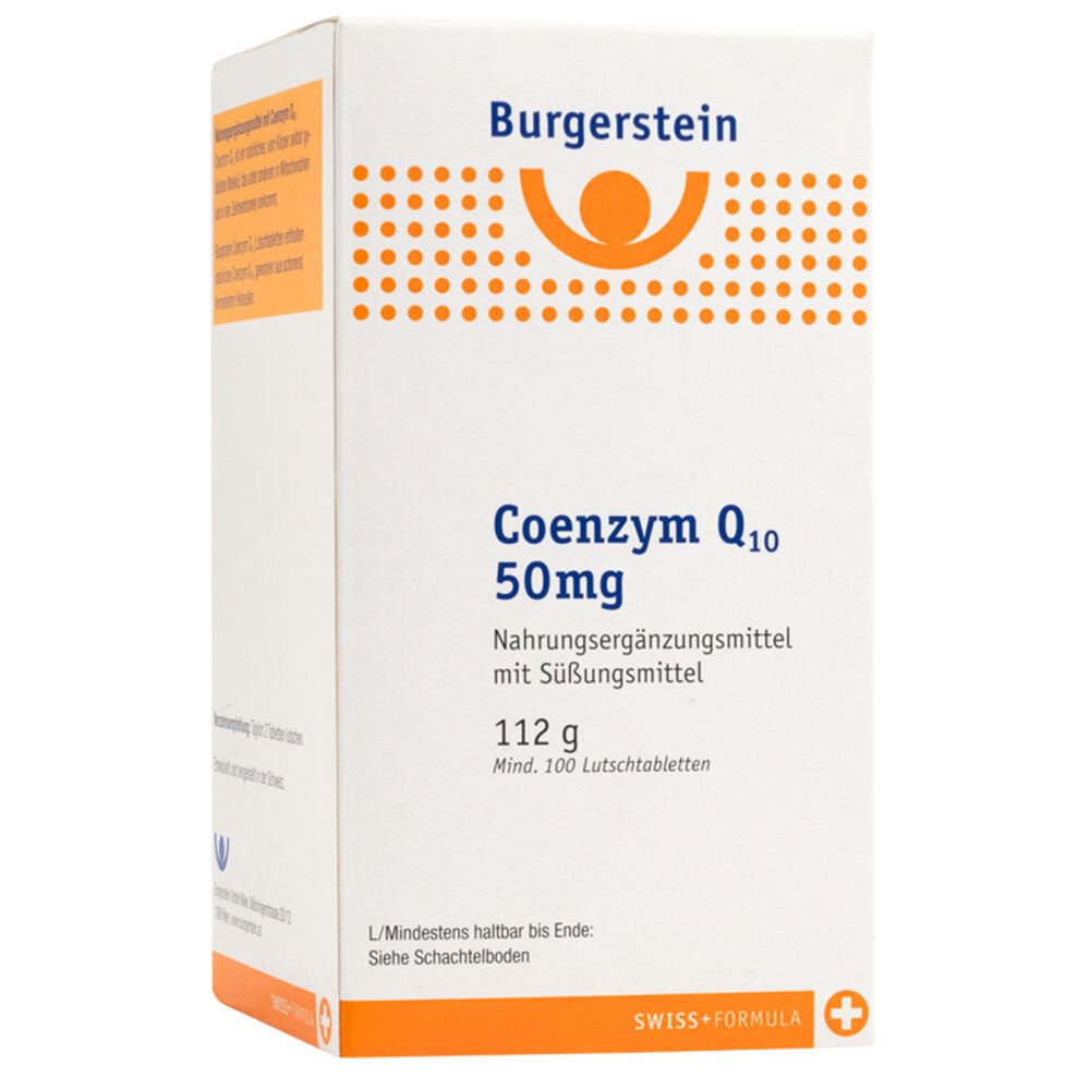 Burgerstein Coenzym Q10 50mg. Weiße Schachtel mit Produktinformationen und Logo.