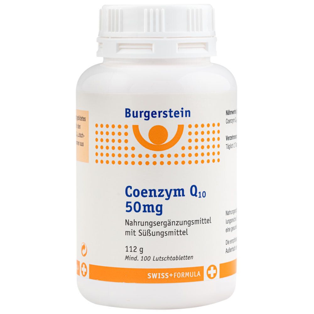 Burgerstein Coenzym Q10 50mg. Weiße Flasche mit Schraubverschluss und Etikett.