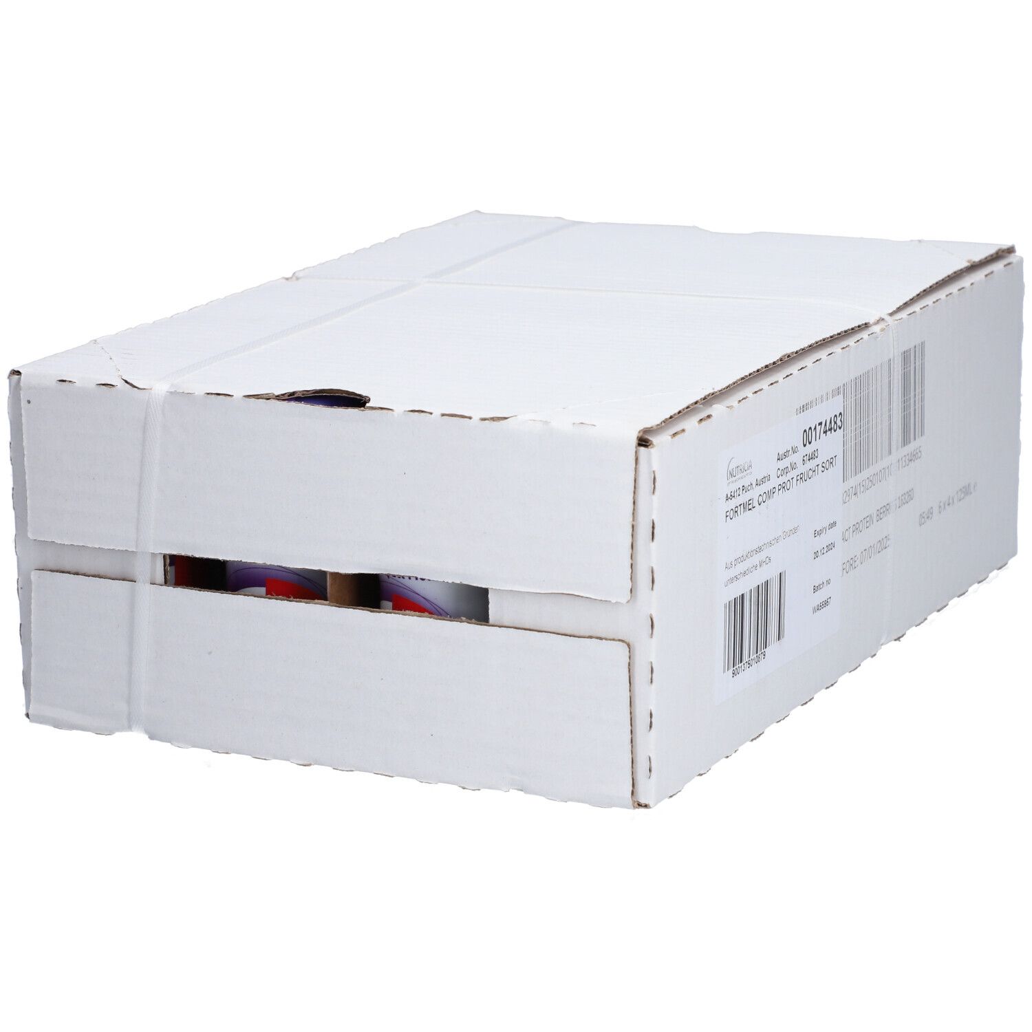 Geschlossener Karton mit Produktinformationen. Sichtbar: FORTIMEL COMP PROT FRUCHT SORT.