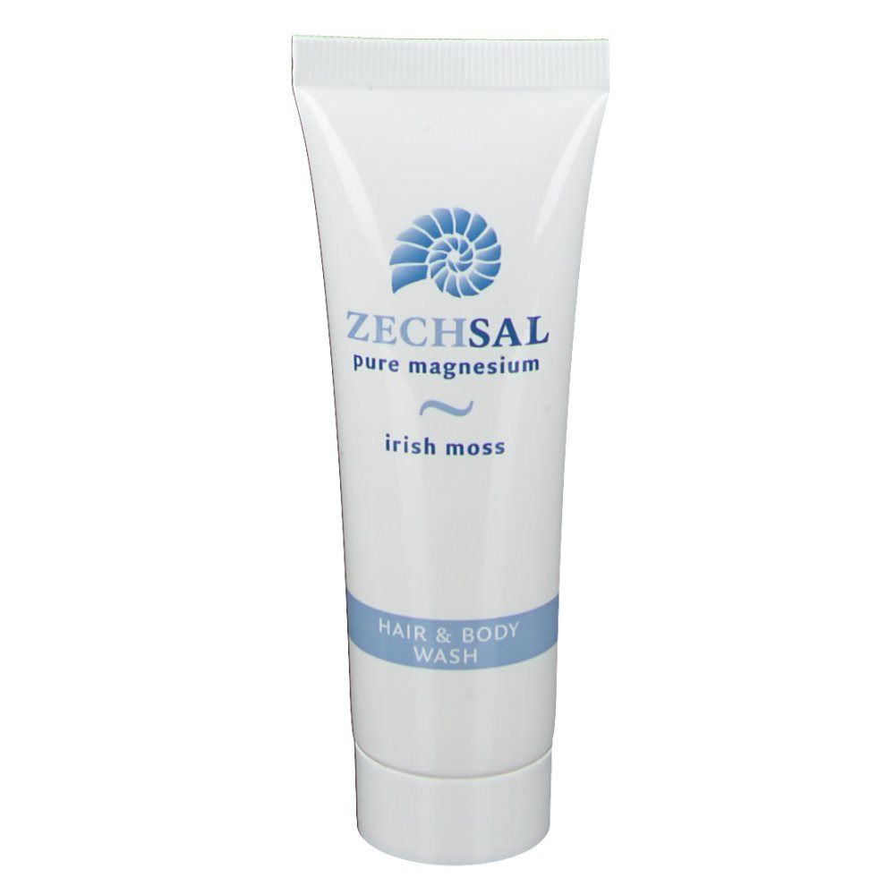 Weiße Tube mit blauem Streifen und Schriftzug ZECHSAL. Enthält Hair & Body Wash. Logo: blaue Schnecke.