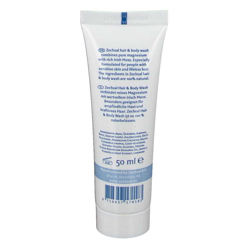 Rückseite der Tube. Enthält Informationen zu Inhaltsstoffen und Hersteller. Enthält 50 ml.