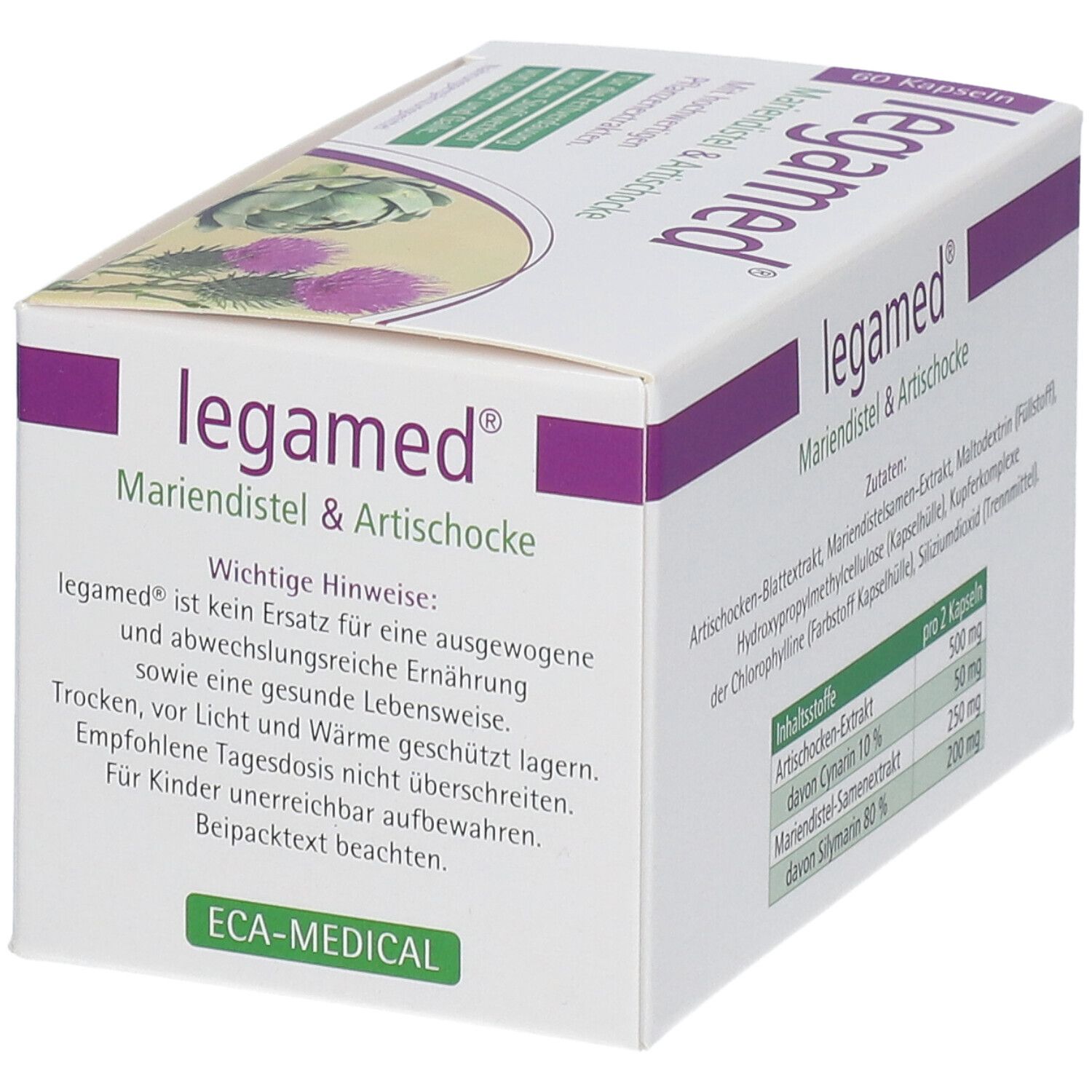 Verpackung von legamed® Mariendistel & Artischocke mit Hinweisen zur Anwendung und Lagerung.