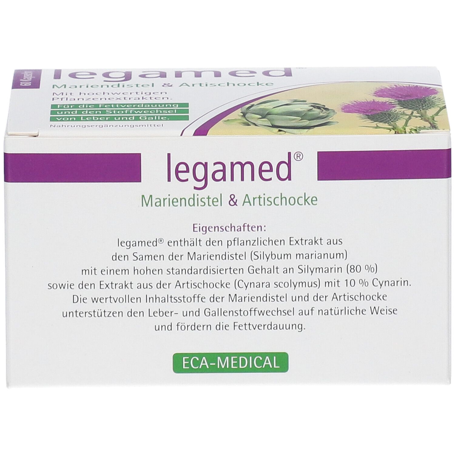 Seitenansicht der legamed® Mariendistel & Artischocke Verpackung mit Produktmerkmalen.