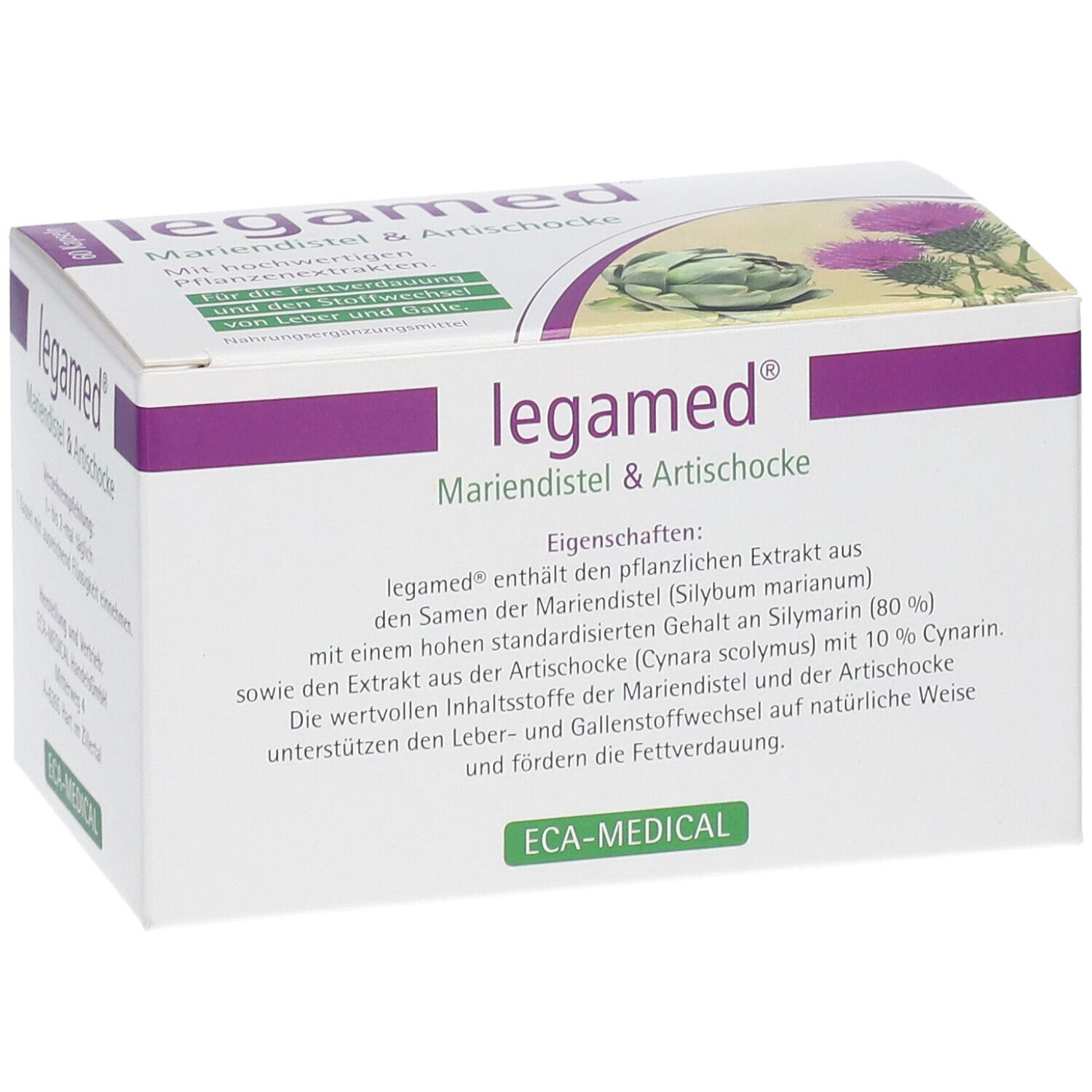 Verpackung von legamed® Mariendistel & Artischocke mit detaillierten Eigenschaften und Abbildung.