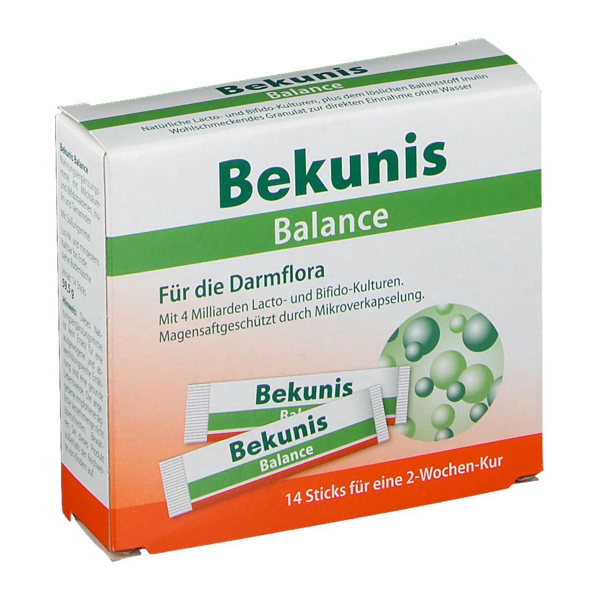 Karton mit Bekunis Balance. Enthält 14 Sticks. Grün-weiße Verpackung mit Produktnamen und Logo. Zwei Sticks liegen vor der Packung.