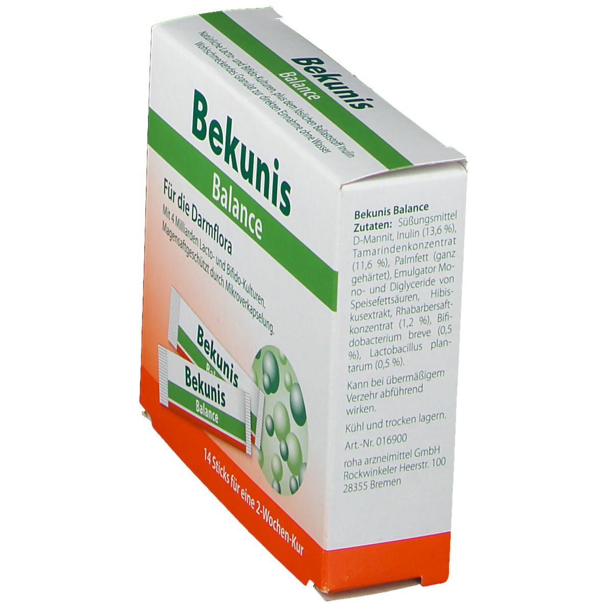 Schräg stehende Verpackung von Bekunis Balance. Grün-weiße Schachtel mit Produktnamen und Logo. Zwei Sticks sind sichtbar.