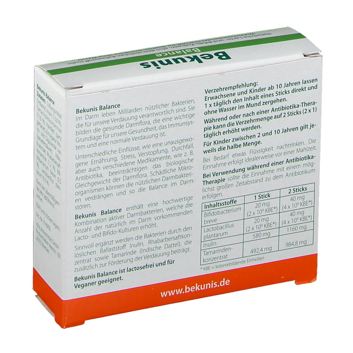 Rückseite der Bekunis Balance Verpackung. Textinformationen in deutscher Sprache. Enthält Informationen zur Anwendung und Inhaltsstoffe.