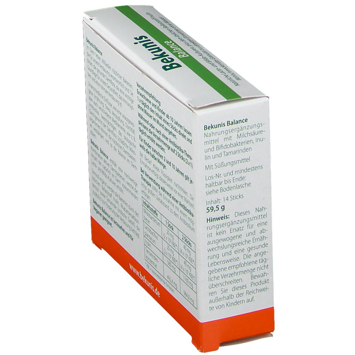 Schräg stehende Verpackung von Bekunis Balance. Textinformationen auf der Verpackung. Enthält 14 Sticks.