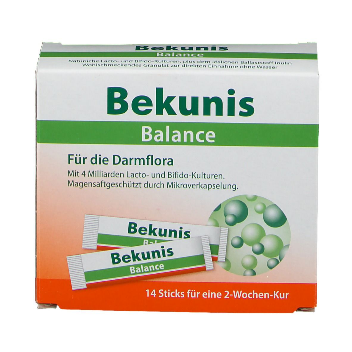 Vorderansicht der Bekunis Balance Verpackung. Grün-weiße Schachtel mit Produktnamen und Logo. Enthält 14 Sticks.